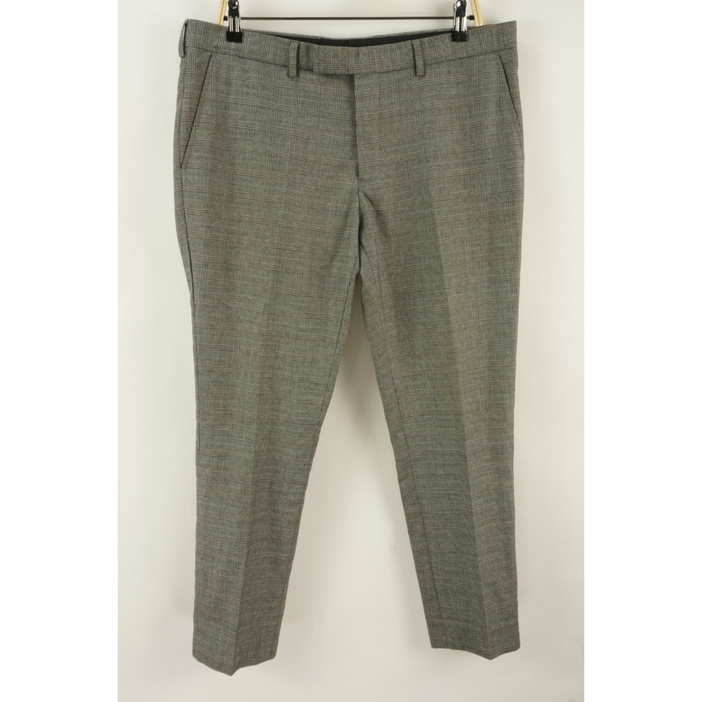 Moss London Men's 36 x 28 Gray Black Blue Plaid Stretch Sharkskin Dress Pants